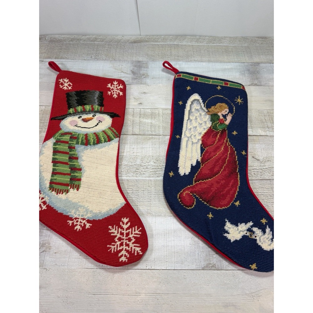 Vintage Needlepoint Christmas Stocking Lot of 2 Snowman Angel Wool Holiday Decor